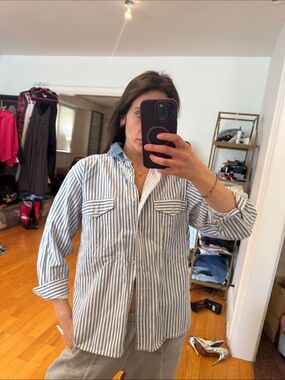 vintage blue notes 100% cotton striped shirt. Denim collar
